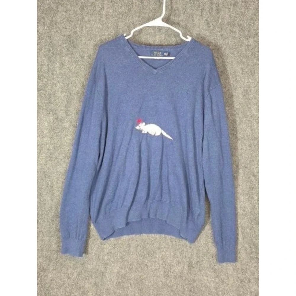 Polo‎ Ralph Lauren Mens V Neck Sweater Pima Cotton Blue Mouse Graphic XXL Preppy
